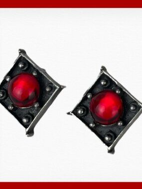 Antique style diamond shaped studs, red central accent crystal, pierced ears